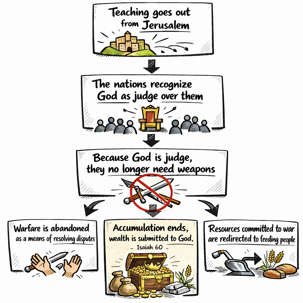 1. Teaching goes out from Jerusalem
2. The nations recognize God as judge over them
3. Because God is judge, they no longer need their weapons
4. The resources committed to war are redirected to feeding people
5. Accumulation ends, wealth is put into service of God.
6. Warfare is abandoned as a mechanism for resolving disputes